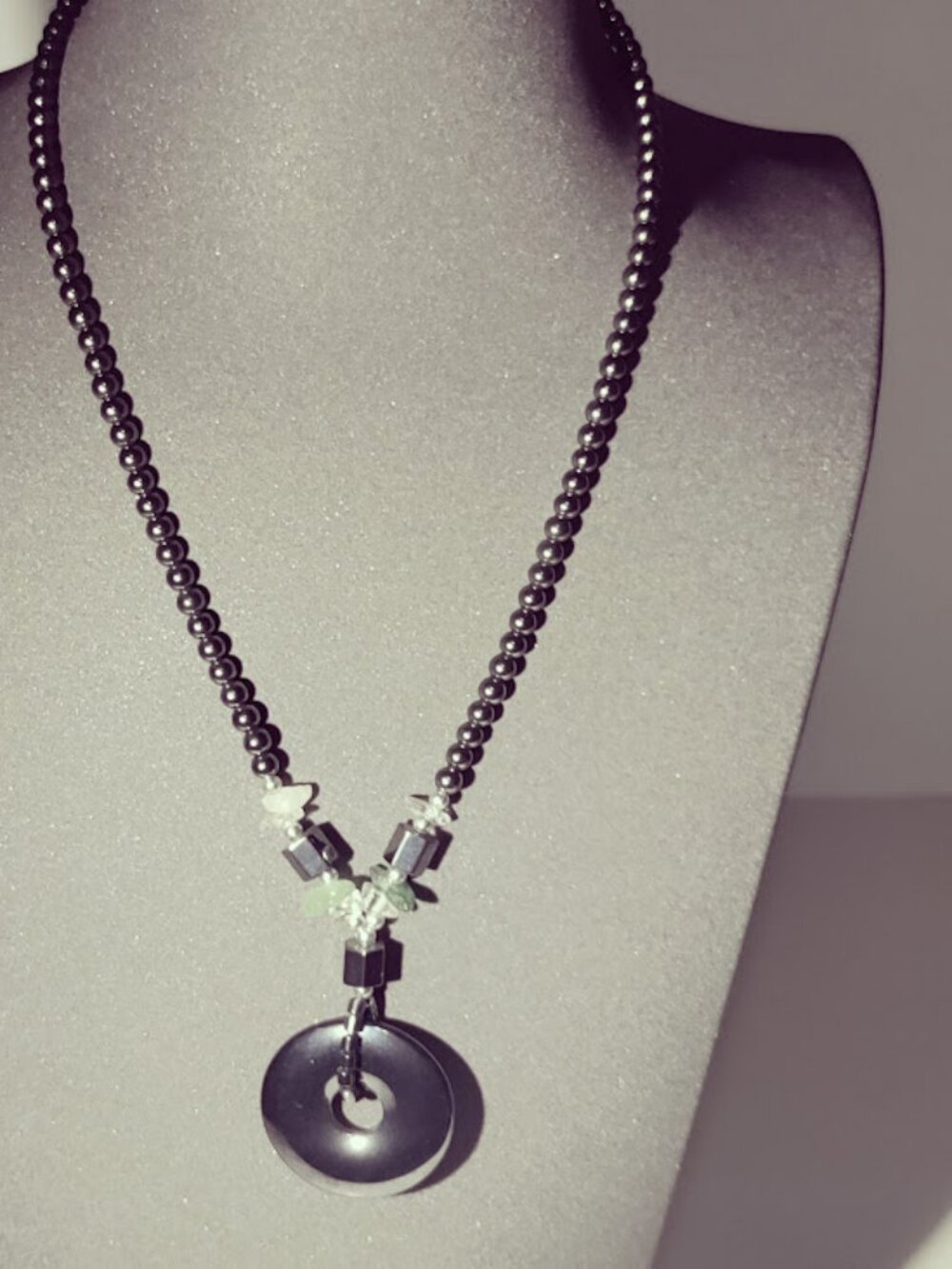 Black Hematite Look Donut Pendant Necklace